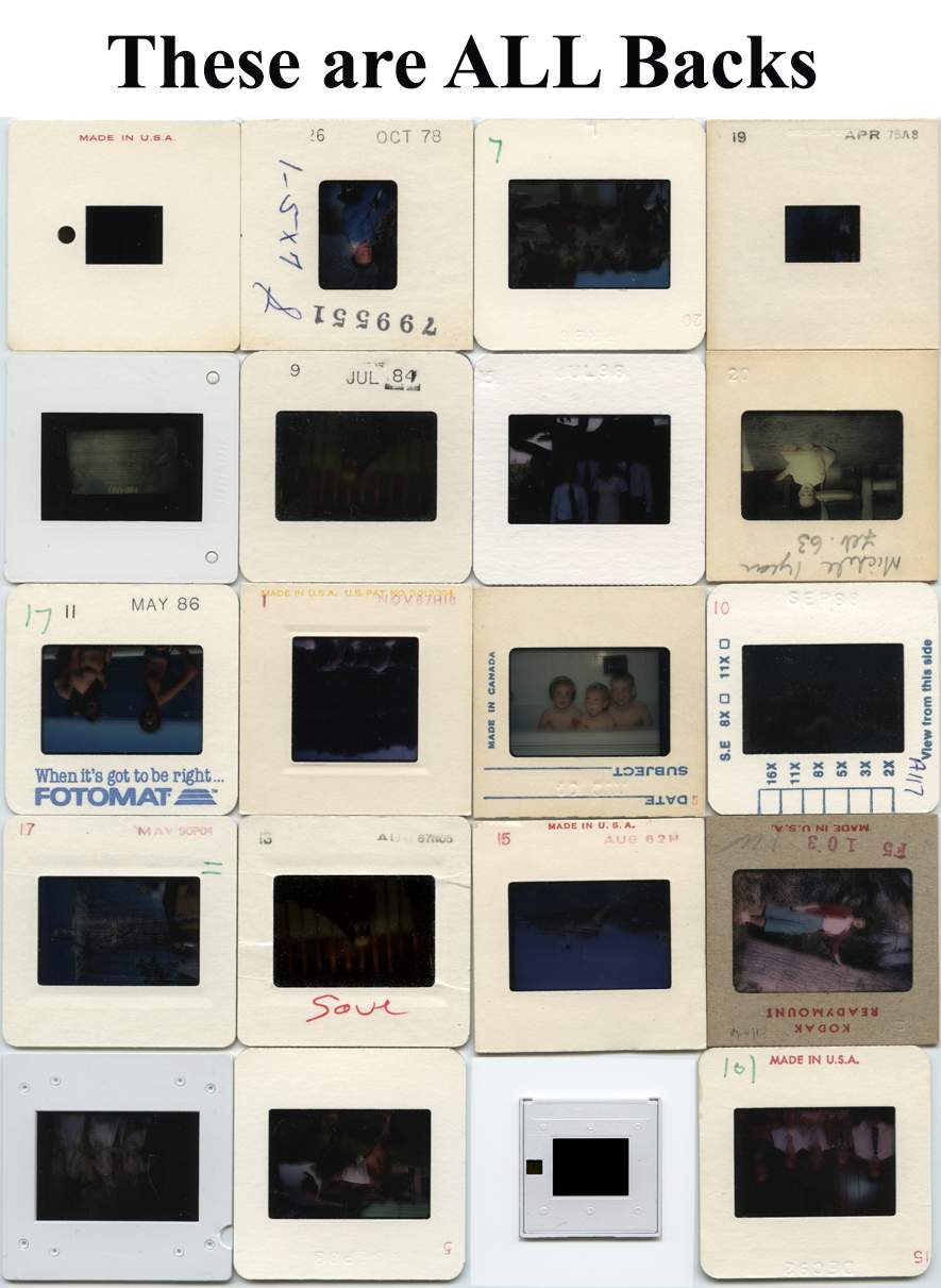 Examples of slide backs showing minimal printing